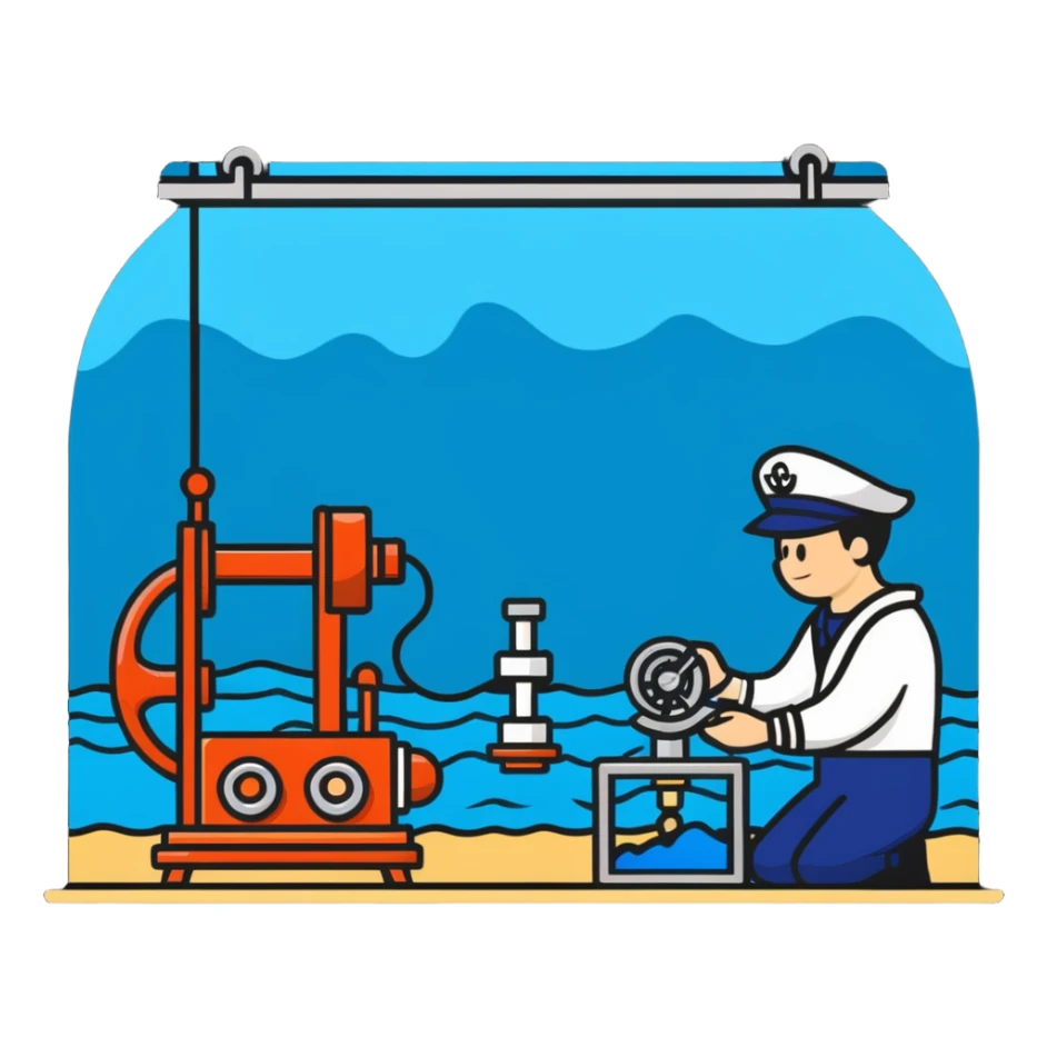 Marine geology process with sailor at winch and scientist analyzing ocean floor samples sticker