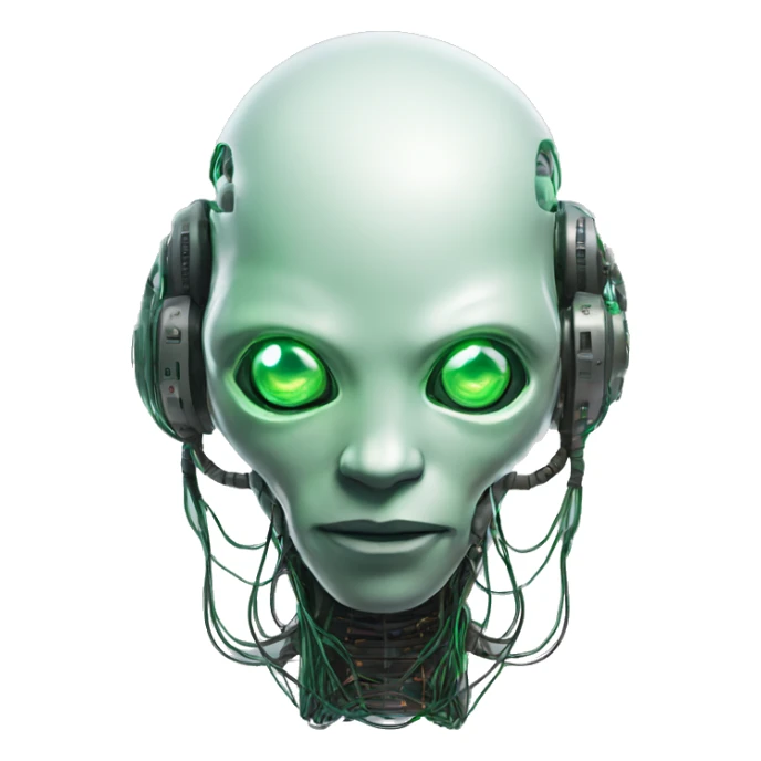 Round Alien cyborg head with glowing wires and green eyes  sticker