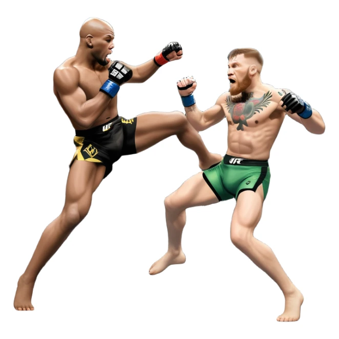 An MMA showdown between Conor McGregor and Anderson Silva in the octagon. McGregor is executing a jumping strike, while Silva skillfully deflects the attack. The background shows the UFC octagon with roaring fans and vibrant energy. Transparent background. sticker