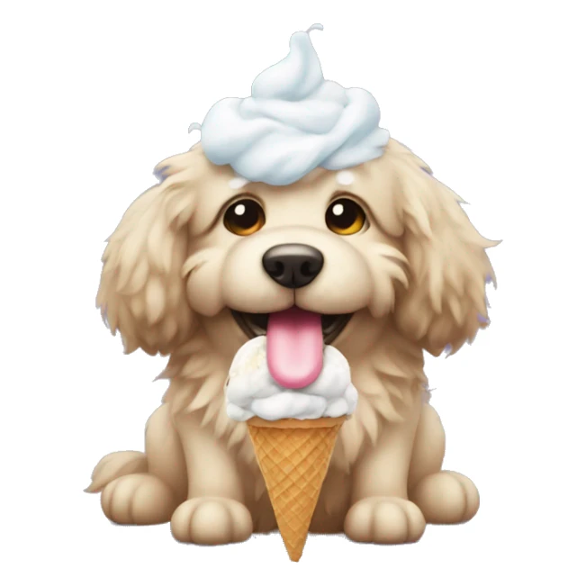 Fluffy dog with a ice cream sticker