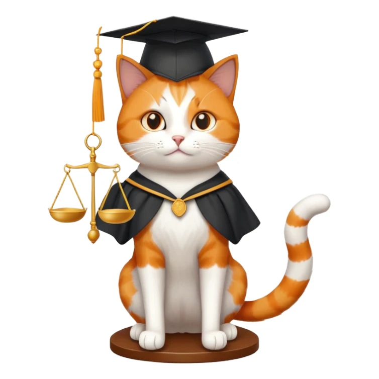 cat wearing a graduation cap, holding the scales of justice up with its tail sticker