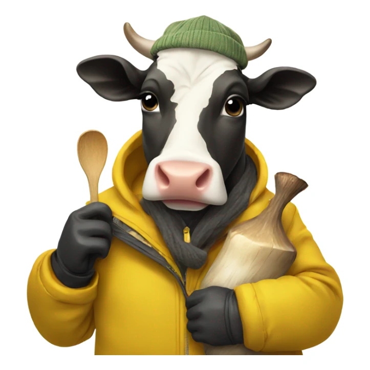 A cow wearing a mustard jacket skiing and holding a mushroom sticker