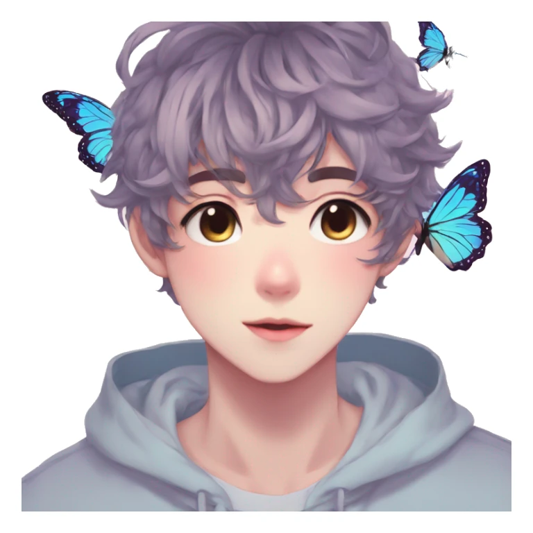 Gorgeous pastel anime style boy with blushing face and butterflies aesthetic trending style sticker
