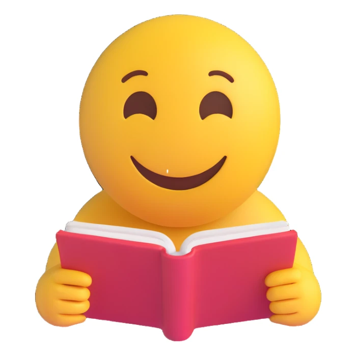 3D smiley emoji, round shape, student reading in library, blue color, calm face sticker
