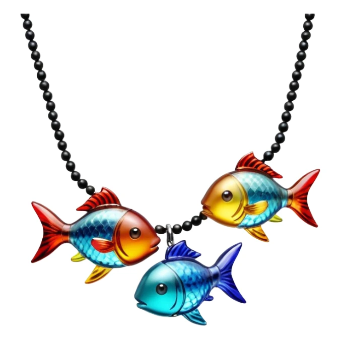 Hyperrealistic, mircodetailed, colorful and bold, Desert Lobby's Big Fish Little Fish - Handmade Colorful Glass Necklace With Dual Murano Fish Figures, isolated 3d rendering, 16k sticker
