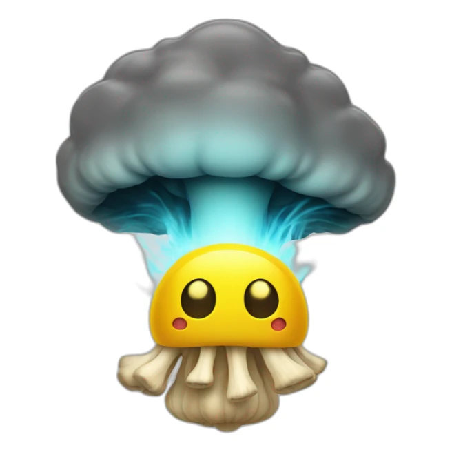 A yellow face with an open mouth, the top of its head exploding in the shape of a brain-like mushroom cloud. A visual form of the expression mind blown sticker