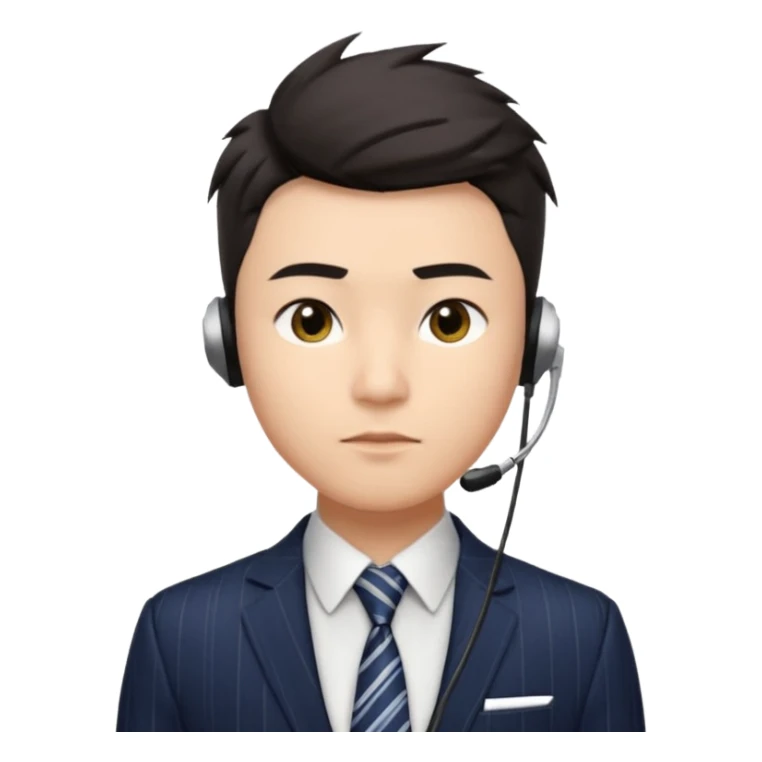 A young Asian man with light skin, short dark hair styled upward with a sharp spiked swoop in front, slightly narrowed almond-shaped eyes with a confident, knowing squint, a clean-shaven face, and a sleek single-ear headset, wearing a dark pinstripe suit with a patterned shirt tie sticker
