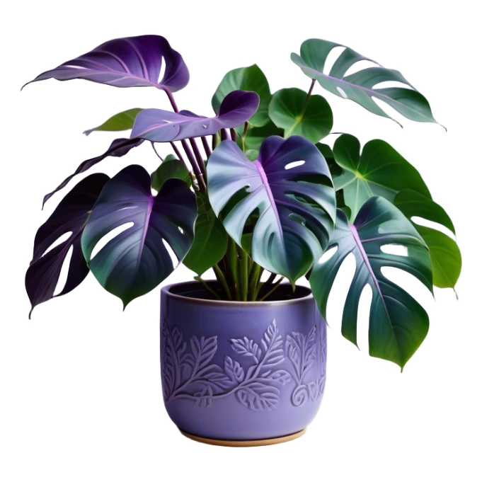 A stunning purple monstera plant with deep violet-green leaves, each leaf elegantly veined with subtle shades of purple, creating an ethereal glow. The plant is flourishing in a beautifully crafted lavender ceramic pot with intricate embossed floral patterns. The background features a softly blurred, moody violet gradient, enhancing the plant’s lush aesthetic. Delicate strands of ivy and tiny lavender blossoms cascade around the pot, adding depth and harmony. Soft, diffused lighting casts a gentle glow, emphasizing the plant’s unique coloration and creating a dreamy, artistic composition. sticker