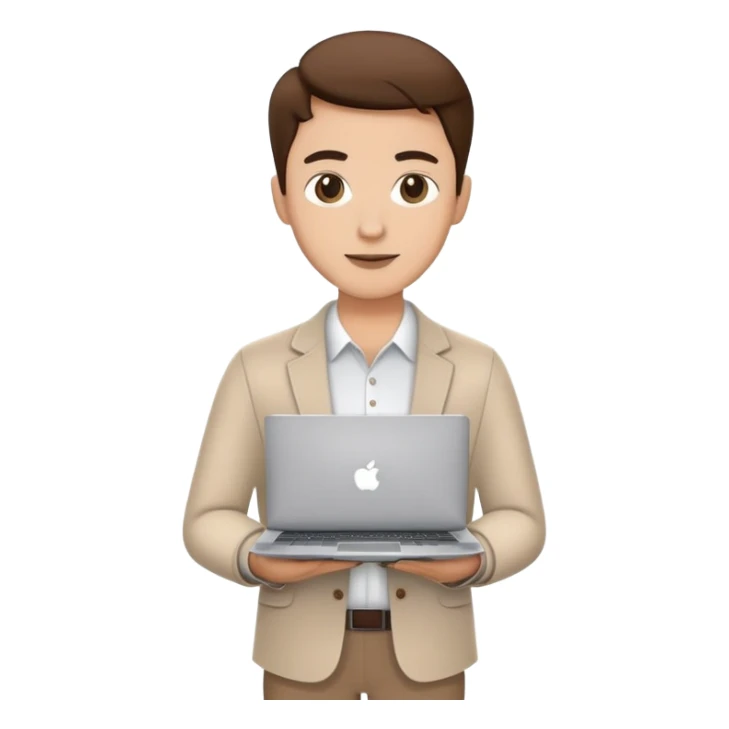 business owner confidently, holding a closed laptop in one hand and a takeaway coffee cup in the other. The character wears casual-smart clothes. sticker
