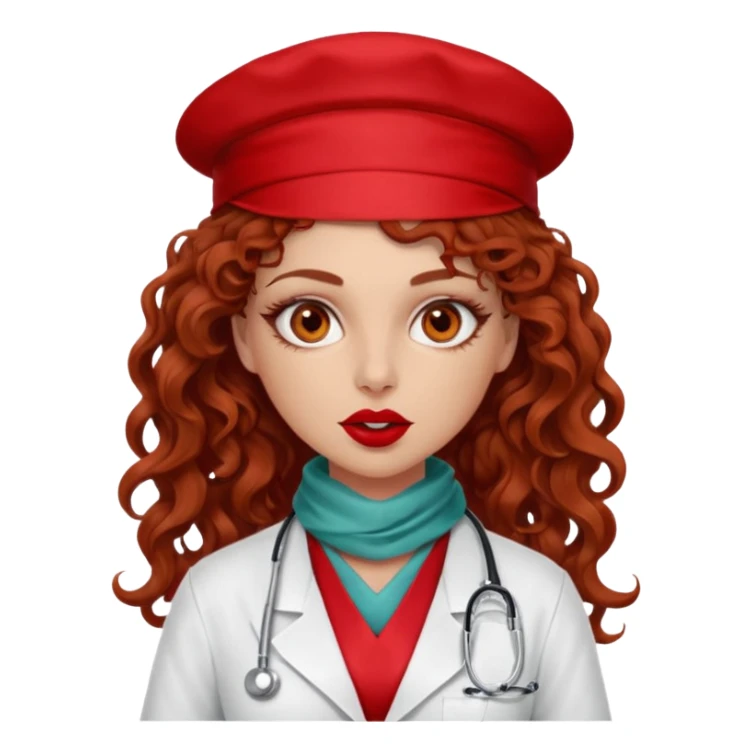 Sensual Spanish Lilith core evil surgeon.red outfit.  Surgeon has hazel eyes. Her hair is BROWN. Hair is also  long and  curly. wearing a sexy surgeon outfit with platform  heels.she is a calculated smart killer. She covers only her mouth and nose with silk scarf to hide identity  sticker