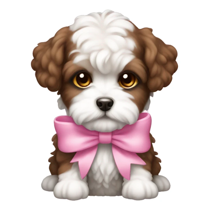 Brown and white Schichon puppy with pink bow sticker