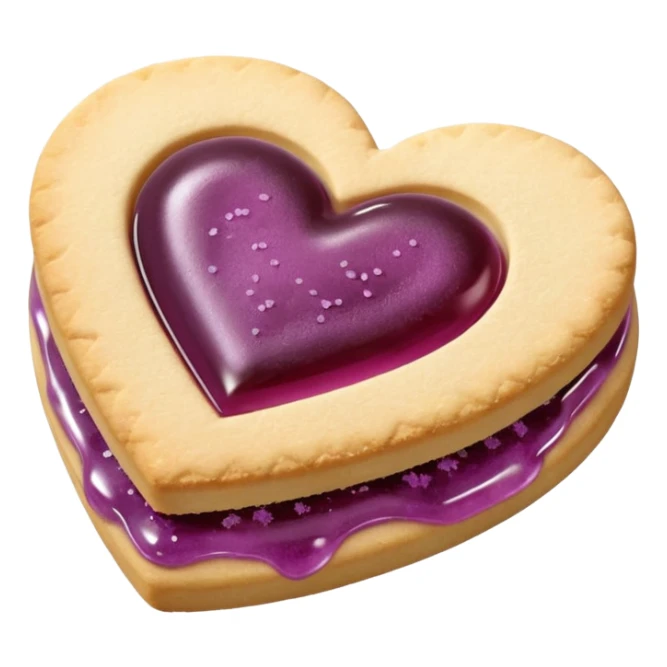 Realistic shortbread cookie in the shape of a heart with mauve jelly middle filling and sprinkled powder sugar on top. sticker