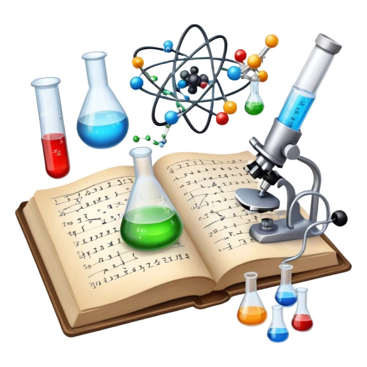 Icon for Scientific and Educational Reading: an open book with mathematical and physical formulas on the pages, with molecules and atoms flying out. On the desk are test tubes, flasks, and a microscope. Transparent background. sticker