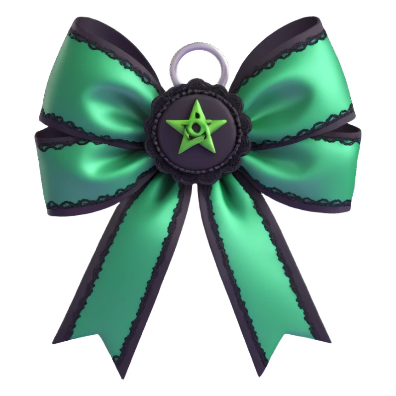 3D emoji gothic bow with deep green satin, black lace trim, and silver pentagram charm sticker