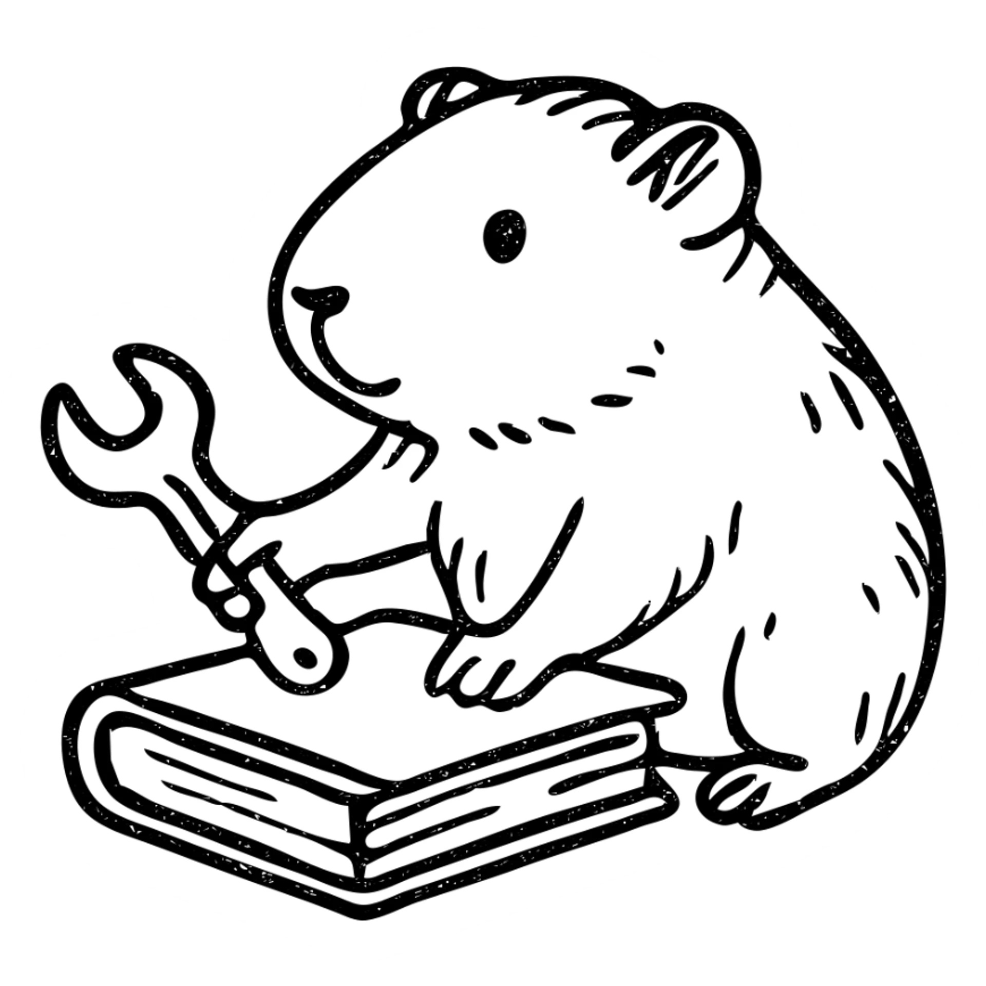 guinea pig with a wrench fixing a book, hand-drawn outlined icon sticker