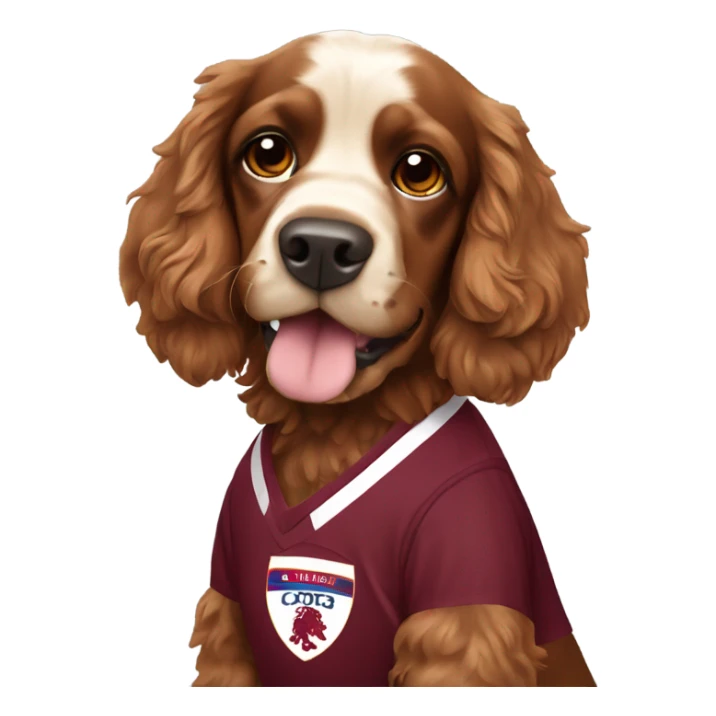 Cocker spaniel wearing an amber and claret football kit sticker