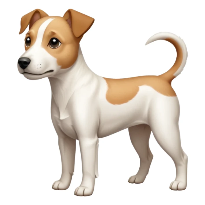 a full body facing front on of a buff white parson russell terrier looking dog the size of a kelpie with light brown long ears resting on its face and a light brown patch on one eye and a large snout. the rest of the dog is completely white.  sticker