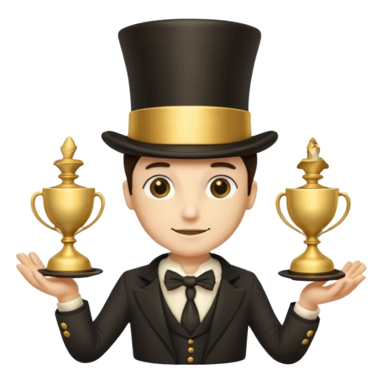 many hands in one, a top hat with a gold stripe, a golden hourglass, papers, a cup

 sticker