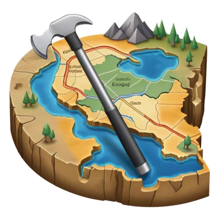An icon featuring a crowbar and a geological map, and layers of Earth’s crust, symbolizing geology. The design includes mineral samples, fossils, and tectonic plates, representing the study of Earth’s structure and natural processes. Transparent background highlights geological exploration sticker
