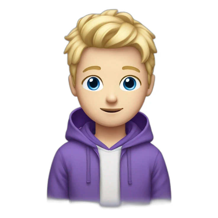 white boy with blond hairs, blue eyes, a purple hoodie sticker