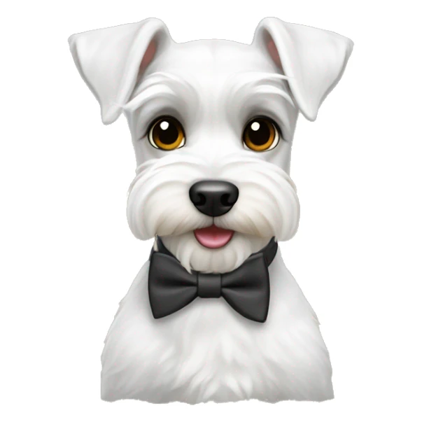 Miniature white German schnauzers are wearing a bowtie sticker