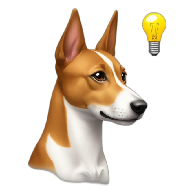 Basenji holds a pencil and has a light bulb shining above his head as an idea. sticker