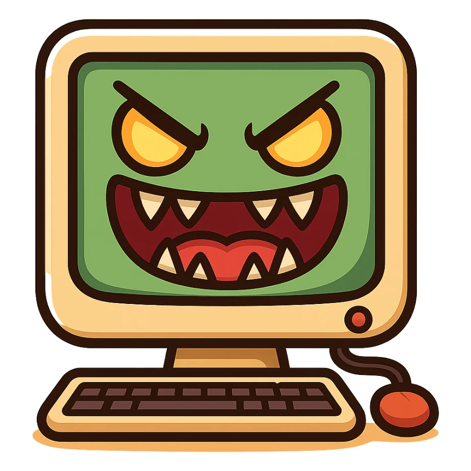 Make the computer virus icon look more dangerous by exaggerating the mischievous face with sharp teeth and glowing eyes. Keep the playful cartoon style with no background. sticker