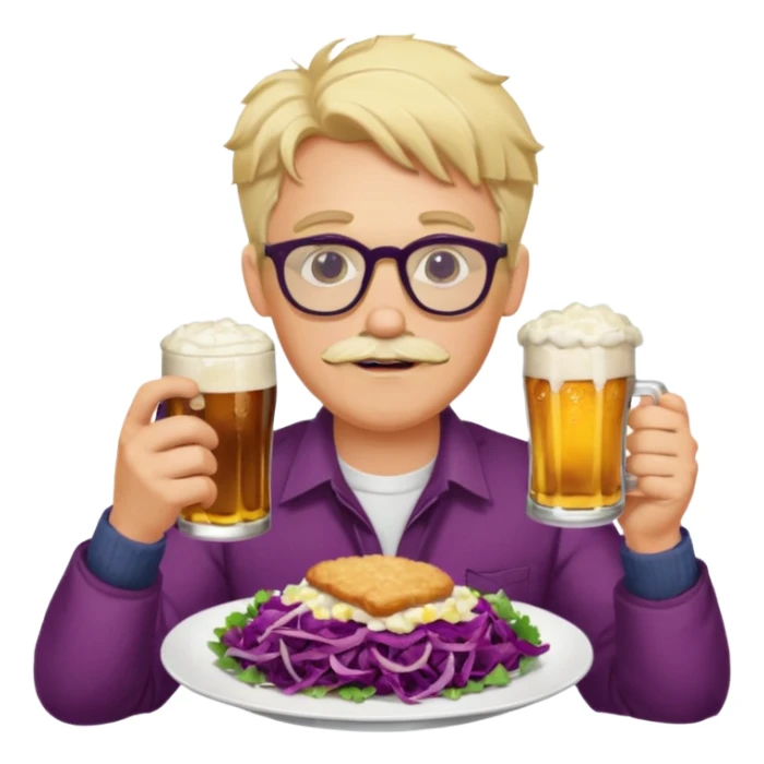 Man with wire framed glasses german eating schnitzel, red cabbage, sauerkraut, potato salad, and beer. Man is blonde and no mustache sticker