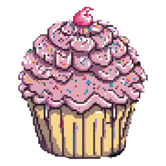 giant cupcake with pink icing and colorful sprinkles in pixel art style sticker