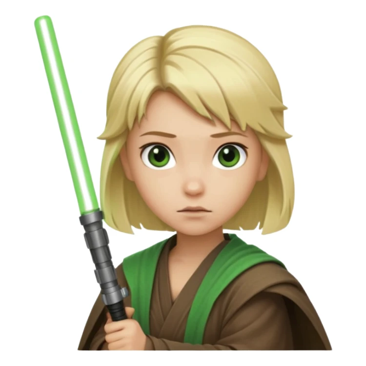 Young jedi with blonde hair holding a green lightsaber sticker