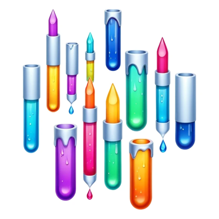 Create an icon that represents decorative arts using epoxy resin in tubes. The design should feature colorful tubes of resin, including fluorescent resin tubes, with visible drops or strokes of resin being applied to create intricate designs. Include examples of finished resin jewelry or decorative pieces, such as pendants, rings, or abstract art. The composition should feel vibrant and artistic, highlighting the creative and glowing nature of resin crafting. The background should be transparent. sticker