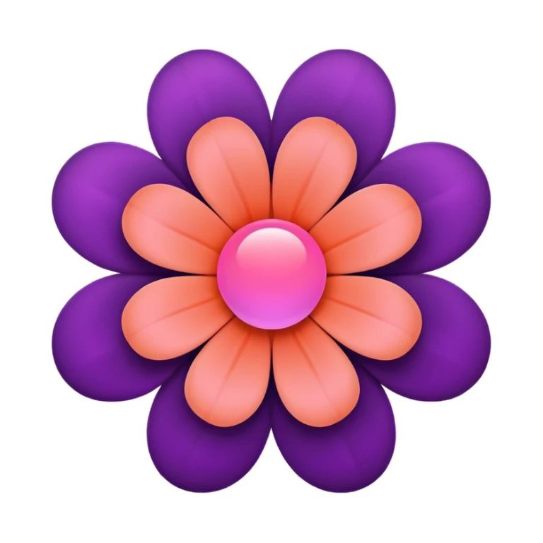 modern abstract flower emoji with five rounded deep purple petals arranged symmetrically with a circular gap in the center, glowing coral-pink sphere in the middle, very light pink rounded square background like a modern app icon, minimal elegant slightly futuristic sticker