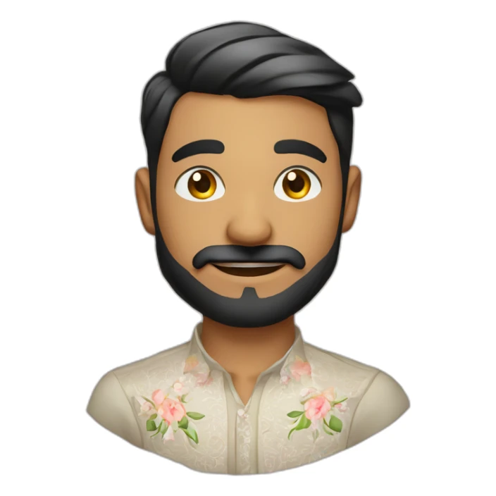 Indian 23 year old male with Indian fair complexion with beard and moustache joined,sharp nose, white floral shirt, winking  sticker