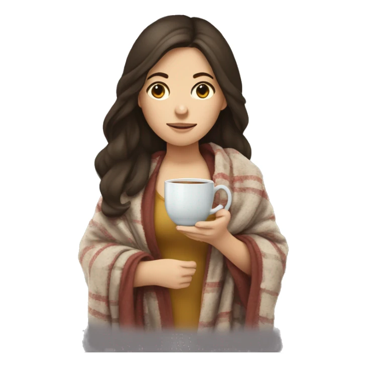 Brunette girl with tea in her hands and a blanket over er shoulders and sick sticker