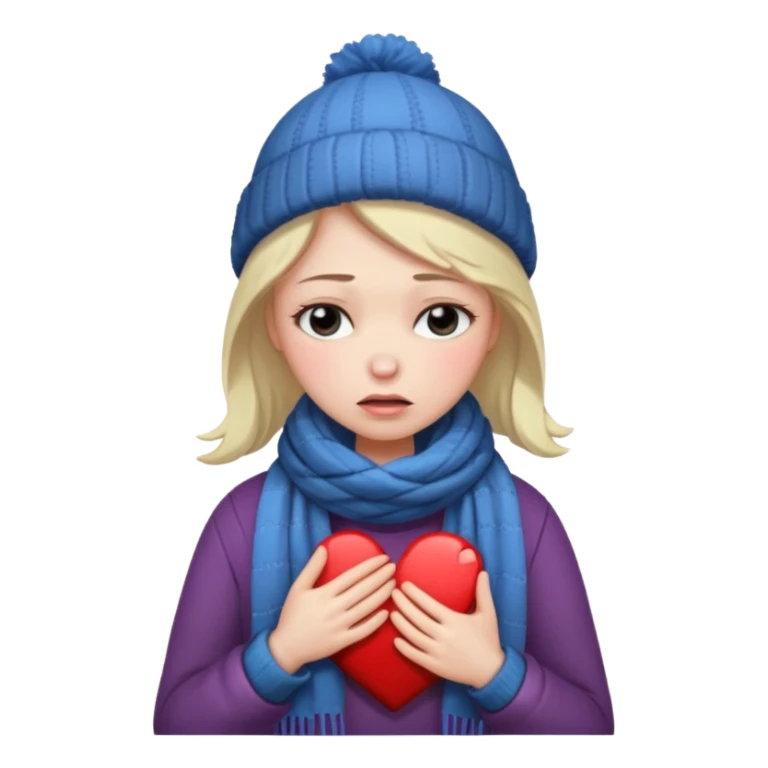 woman broken hearted, looking down sad, about to cry. holding her heart breaking, wearing a winter outfit sticker