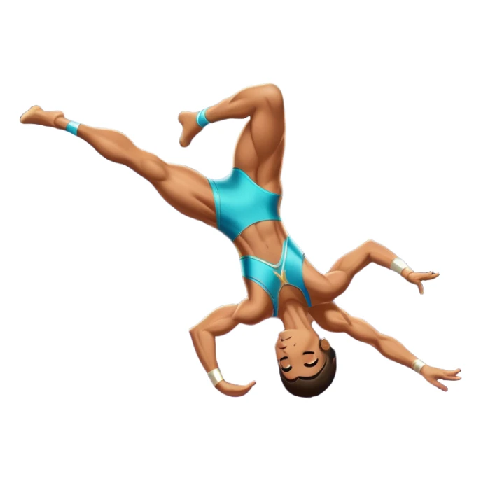 A skilled acrobat mid-air, executing a breathtaking flip with perfect control. The pose radiates strength, balance, and agility. The background suggests a dynamic performance space, with stage lights or a competition arena, emphasizing motion, precision, and teamwork. sticker