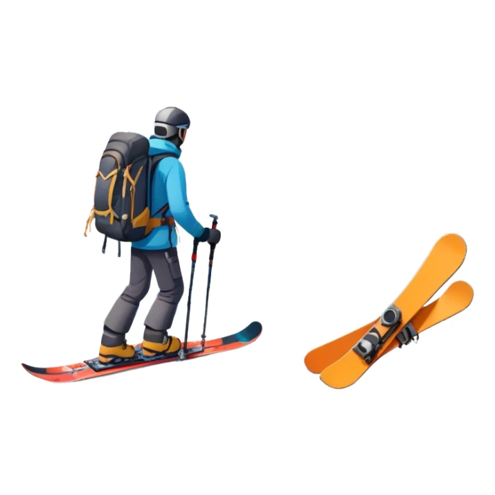Icon for Mountain Tourism: a distant snow-capped mountain peak with skis, a snowboard, an ice axe, a backpack and a camera. The icon should convey the spirit of adventure and exploration in the mountains. Transparent background. sticker