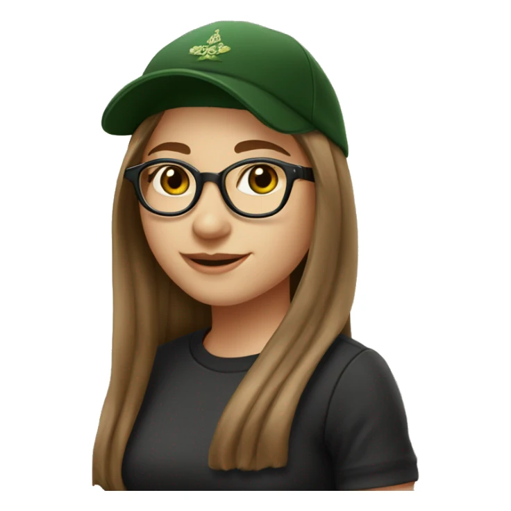 Slavic girl, light skin, smiling with teeth, round brown eyes, spotted frame glasses, long brown straight hair, black T-shirt, dark green cap, black badge ribbon sticker