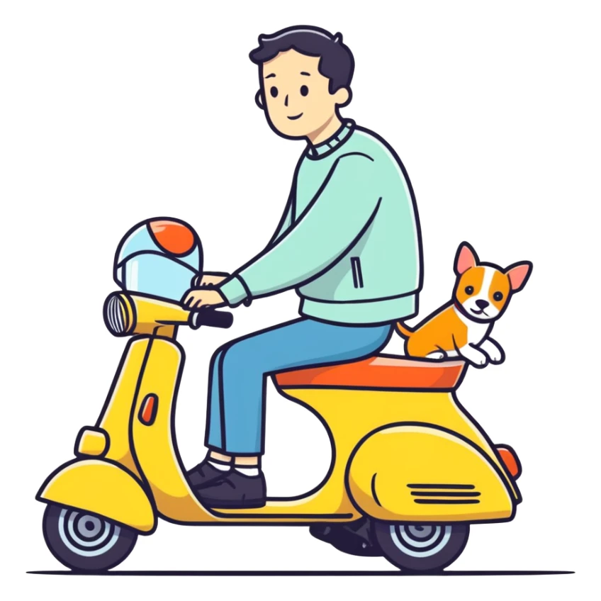 man and his pet dog riding a vespa sticker