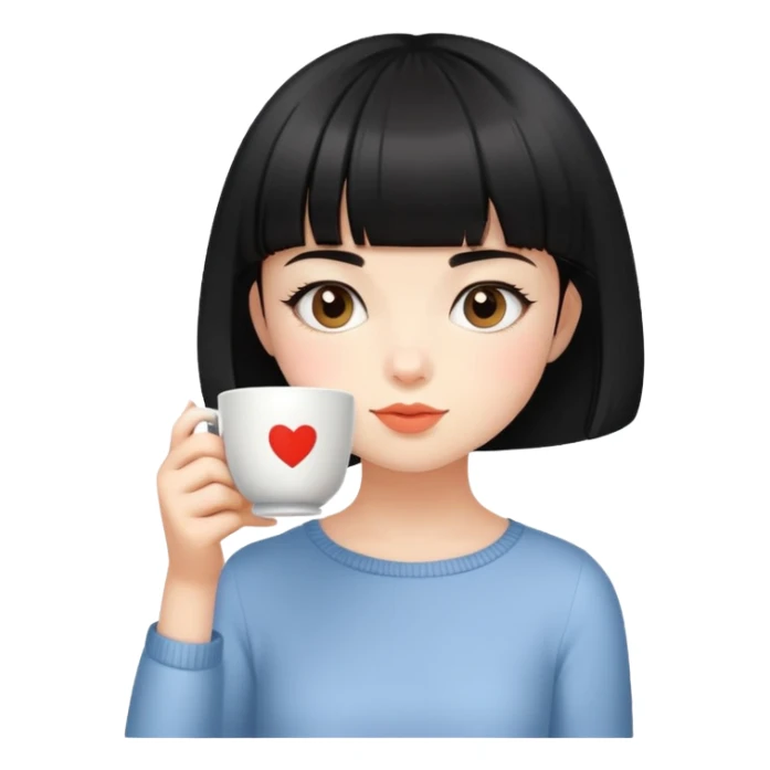 cute girl with shor black bob and short bangs drinking tea sticker