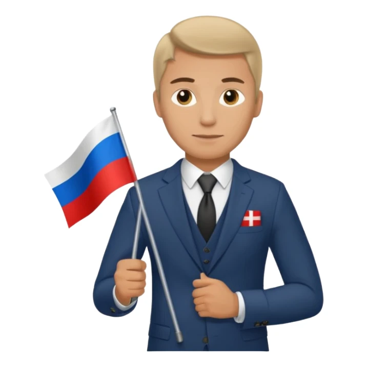 Russian man in a suit with a flag sticker