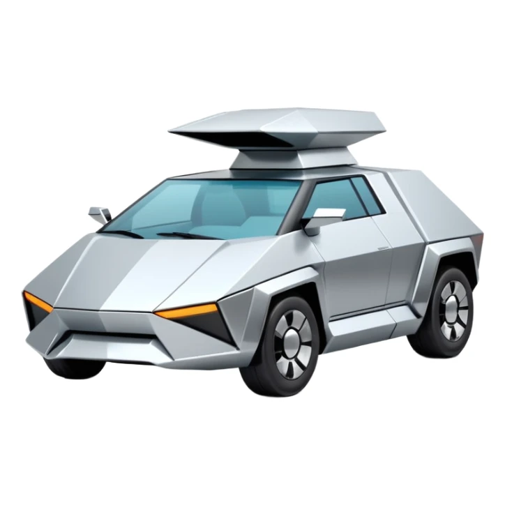 A futuristic chrome car emoji, sharp geometric body design inspired by cybertruck aesthetics, smooth silver metallic surface, matte and glossy chrome mix, minimal details, soft reflections, clean edges, iOS emoji style, centered, clean white background, soft studio lighting, no text sticker