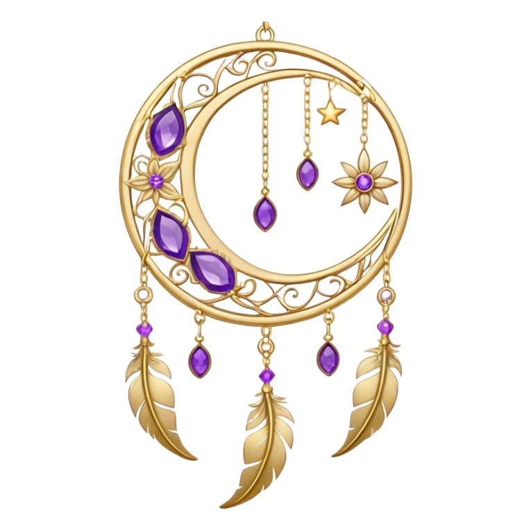 Epic beautiful gorgeous cute gold suncatcher, threads with shiny sparkly amethyst gemstones, flowers, crescents-moons, stars, gold Feathers  sticker