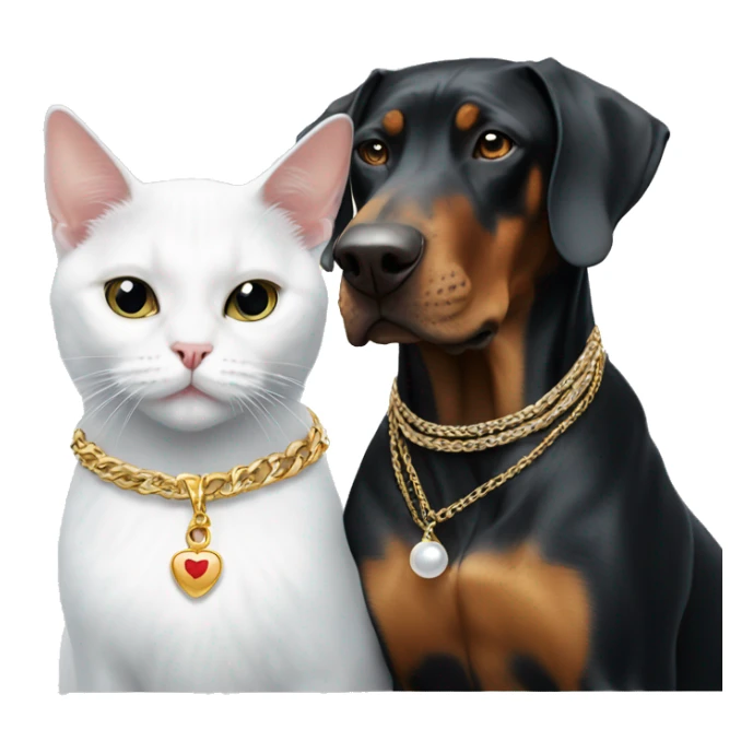 White cat with necklace sitting with Doberman sticker