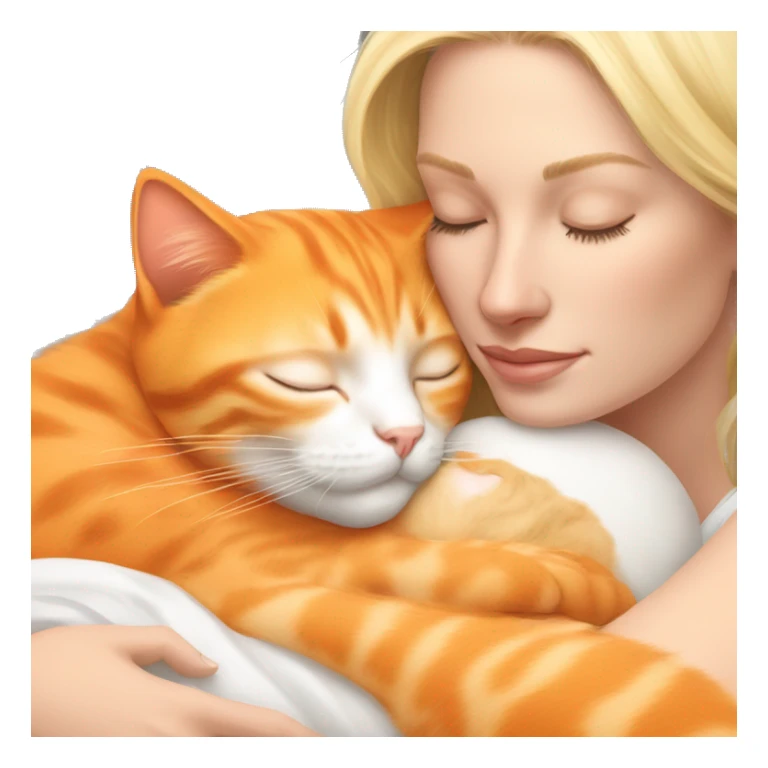 Orange kitty sleeping in the arms of blonde white woman sticker
