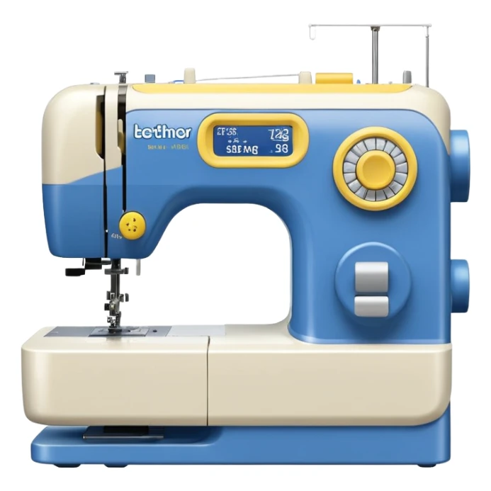 Modern Brother-style computerized sewing machine emoji, white and this yellow #FFB31E and light gray with a blue thread spool, small LCD screen and round dial, three-quarter view, soft gradients and shadows in Apple emoji style, plain light background. sticker