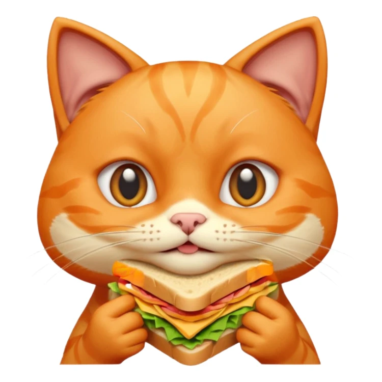 cute orange cat portrait, head and shoulders only, biting a sandwich, funny expression, 3D cartoon, mobile game icon style, clean background, no text, no watermark sticker