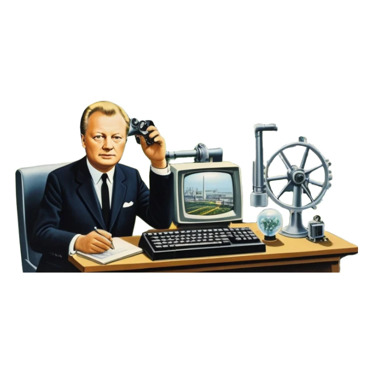 modernization scene in Germany late 1960s to 1970s with modern factories, computers, solar panels, people from industry, science, and society, gears, lightbulb, autobahn, small portraits or silhouettes of Willy Brandt and Helmut Schmidt, optimistic atmosphere sticker