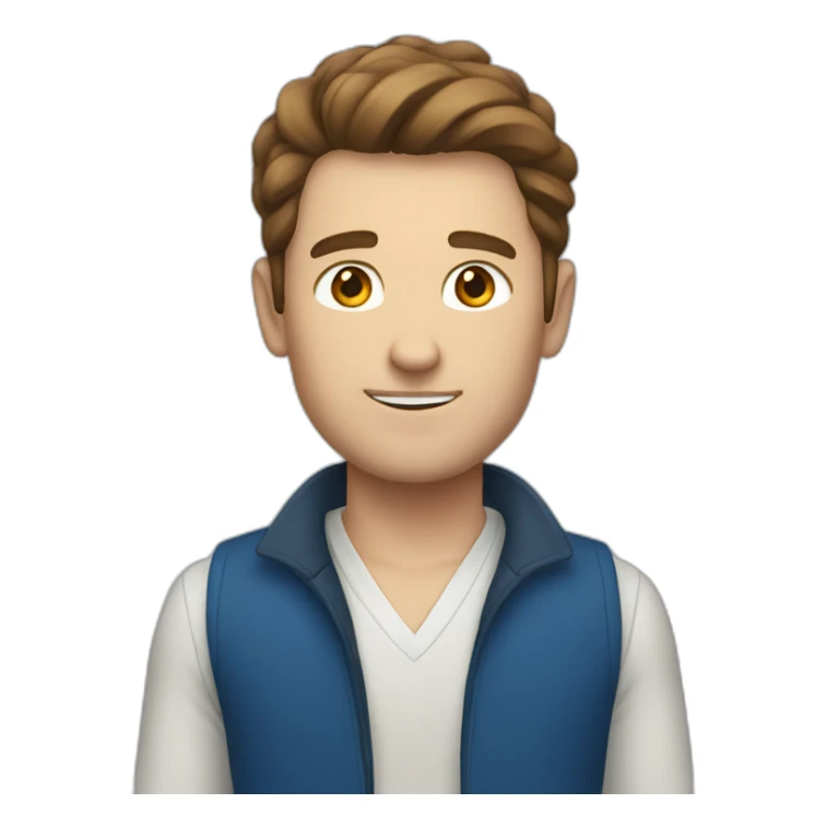 White guy with brown hair and a blue vest sticker