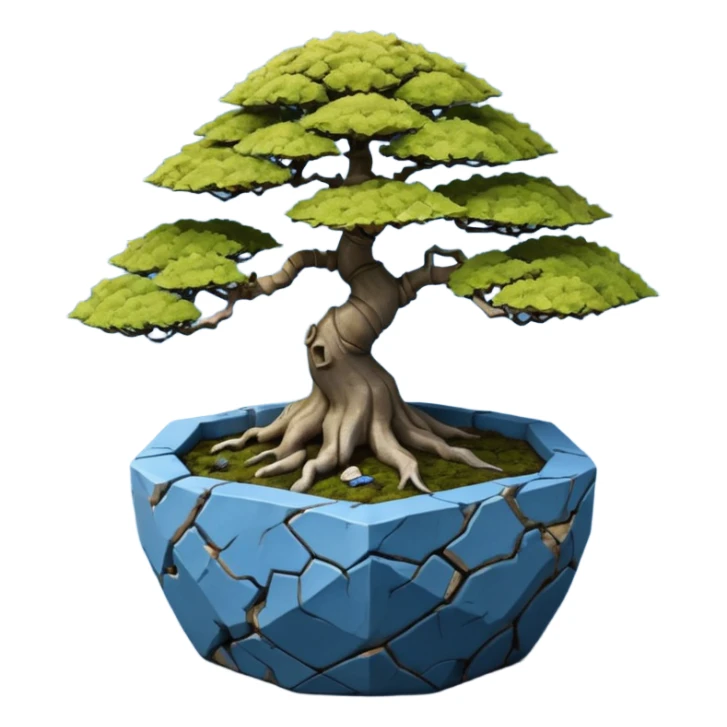 Thailand very old broken intricate Stone Age rocky-crusted dodecahedron-shaped shallow dark moss rough bark blue maple tree bonsai pot sticker